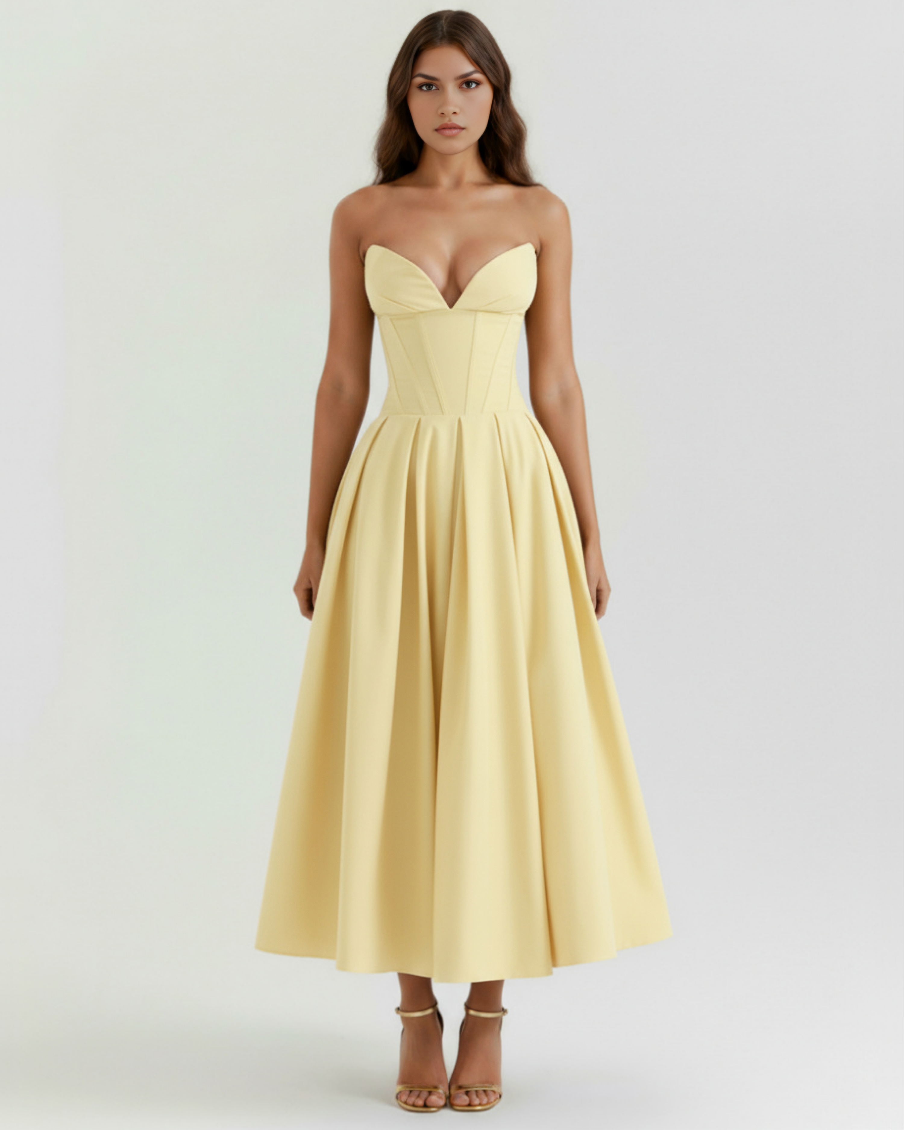 Light Yellow Corseted Ball Gown with Voluminous Skirt – Wedding Guest Prom Formal Dress