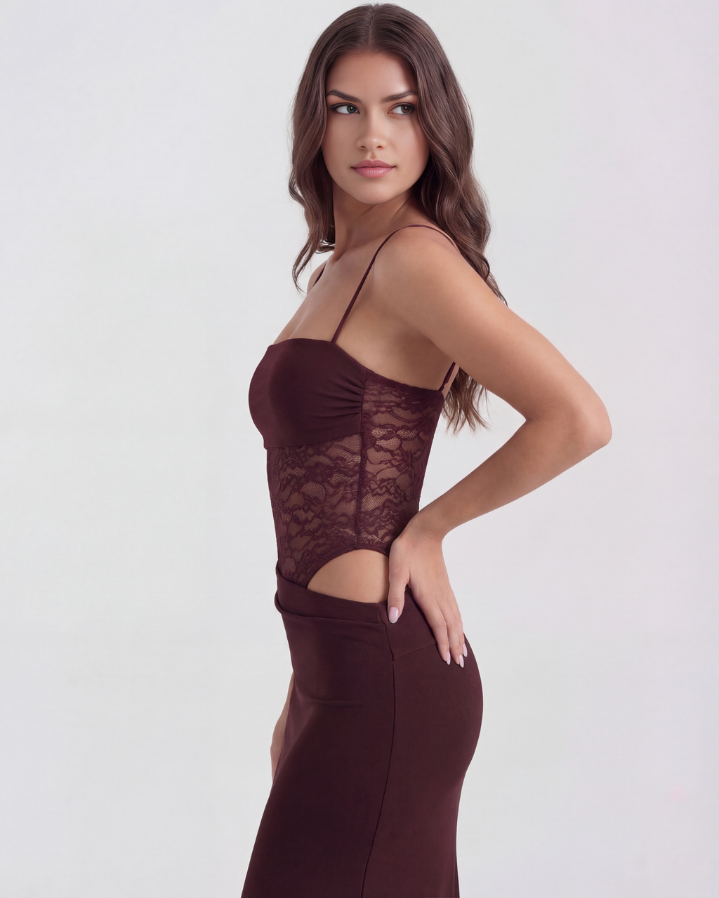 Lace Square Neck Maxi Dress – Side Cut-Out Body-Con Evening Gown Women 2026