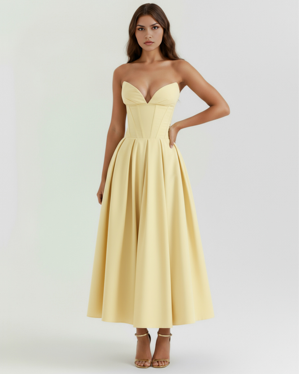 Light Yellow Corseted Ball Gown with Voluminous Skirt – Wedding Guest Prom Formal Dress
