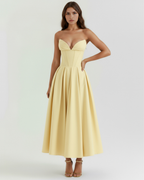 Light Yellow Corseted Ball Gown with Voluminous Skirt – Wedding Guest Prom Formal Dress