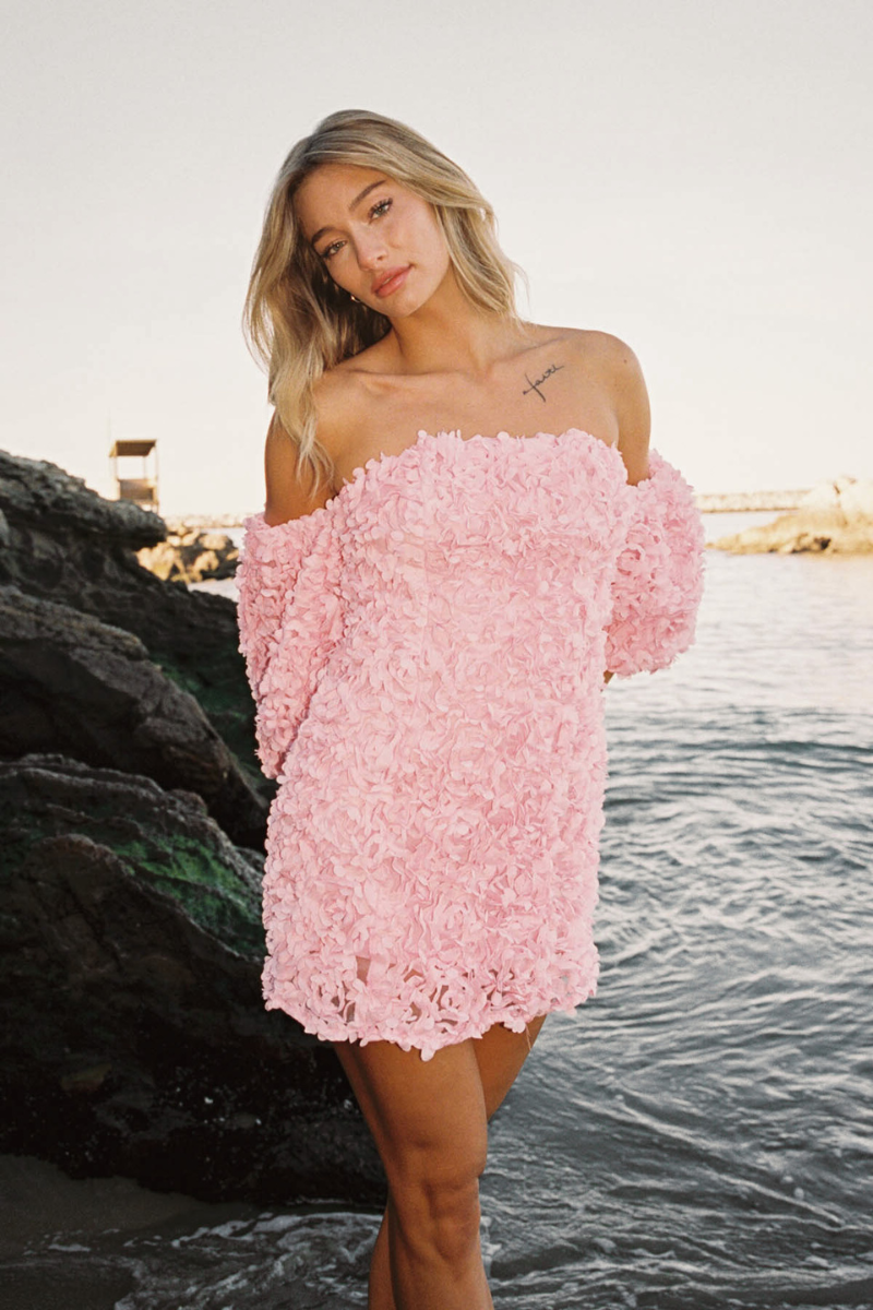 Flower Appliqué Off Shoulder Puff Sleeve Shift Mini Dress – Romantic Bridesmaid Wedding Guest Outfit