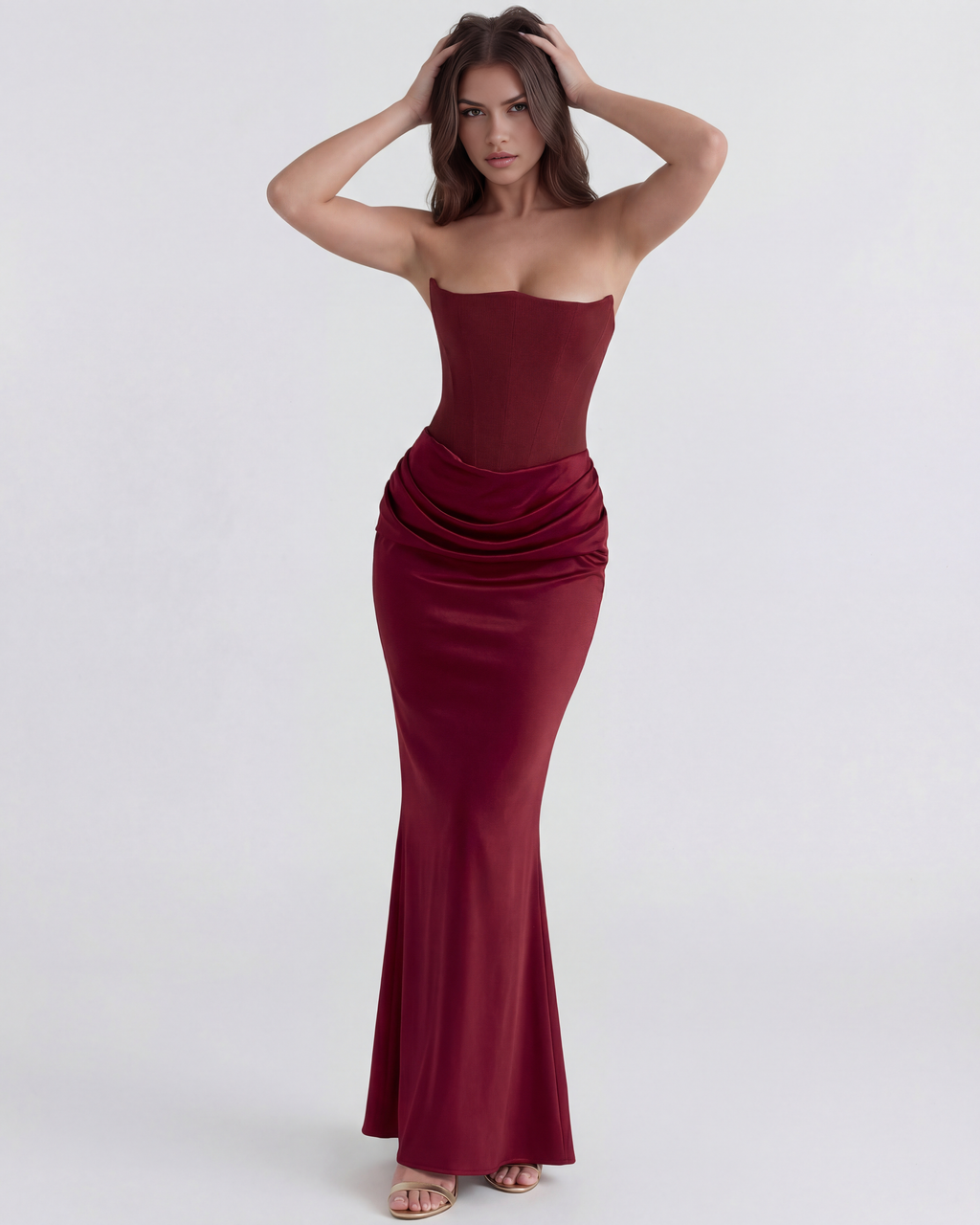 Boned Corset Crepe Maxi Dress – Cinched Waist Wedding Guest Formal Evening Gown