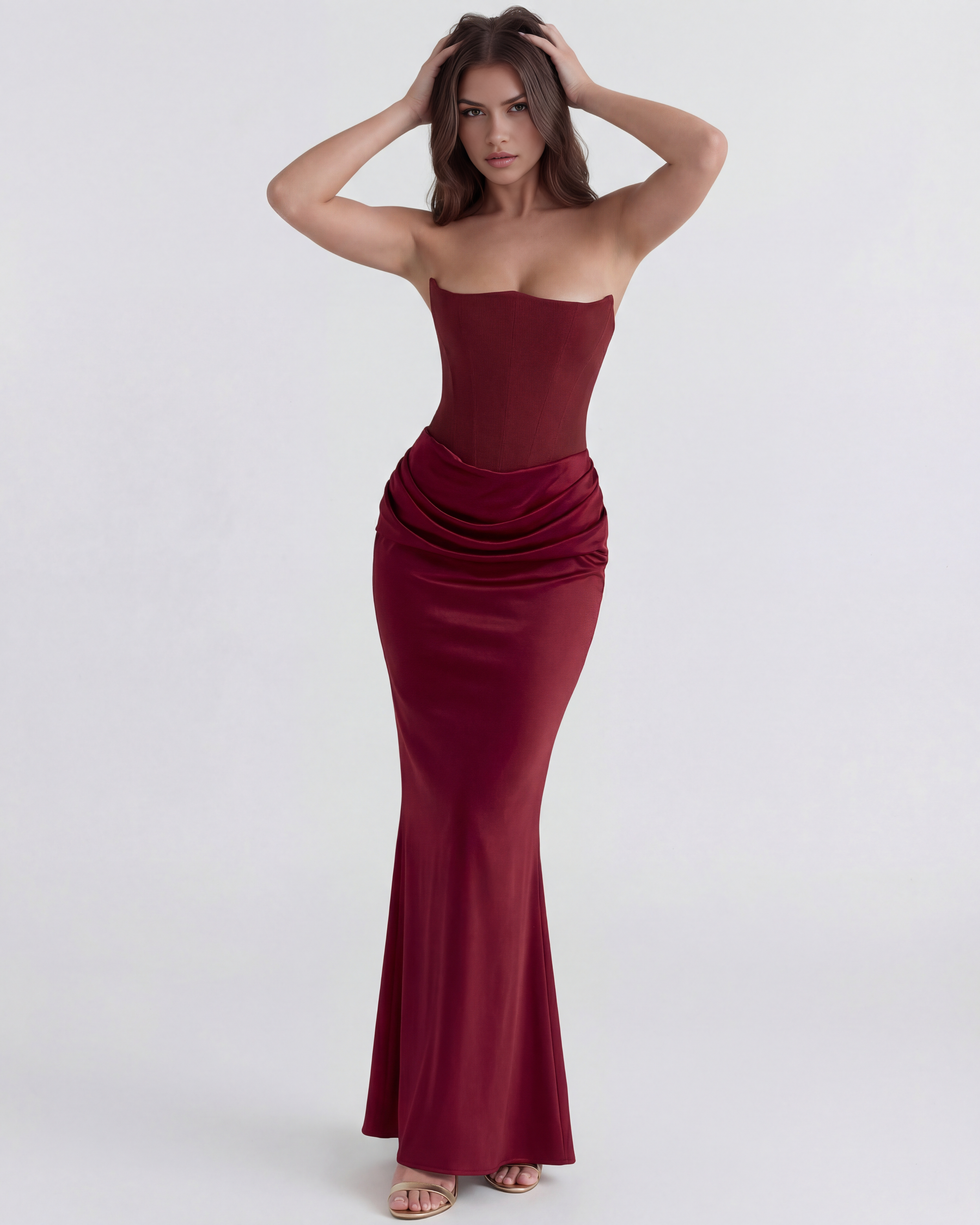 Boned Corset Crepe Maxi Dress – Cinched Waist Wedding Guest Formal Evening Gown
