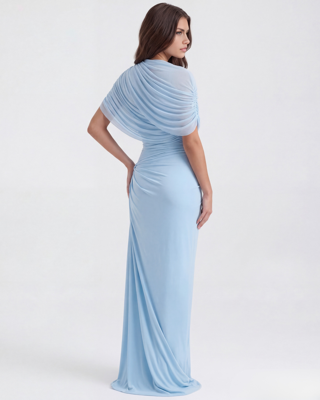 Babyblauw Gedrapeerde Sjaal Vloerlange Maxi Jurk – Elegante Bruiloftsgast Avondjurk