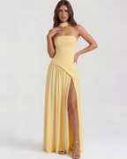 Buttergelbes trägerloses Chiffon-Maxikleid mit Schal – Festliches Frühlings-Hochzeitsgastkleid
