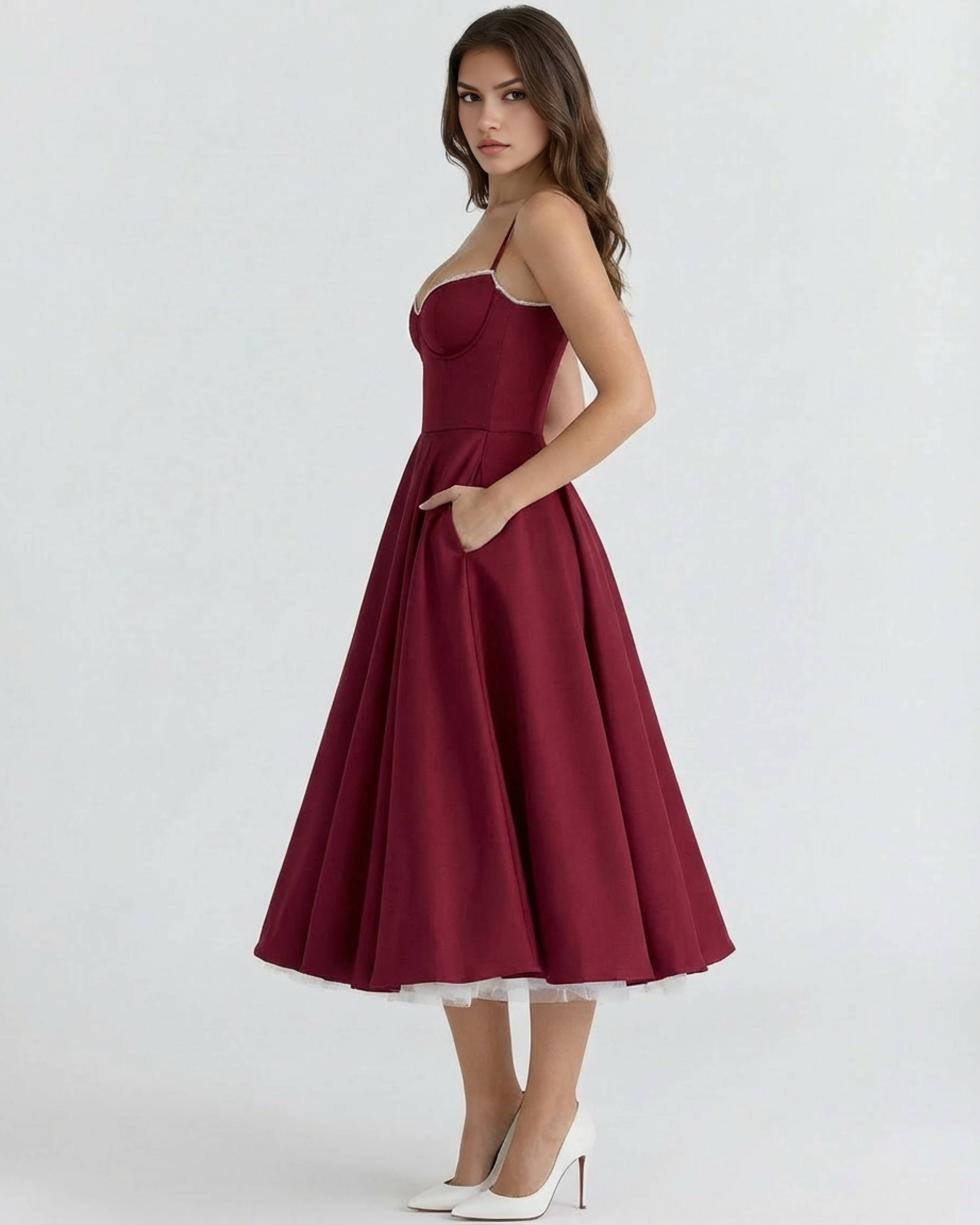 Satin-Feel Sweetheart Midi Dress – Boned Bodice Tulle Skirt Wedding Guest Prom Dress