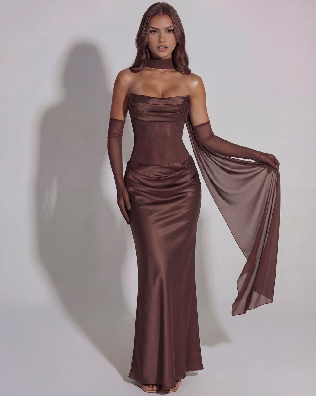 Brown Strapless Lace-Up Asymmetric Maxi Gown – Black Tie Wedding Guest Dress