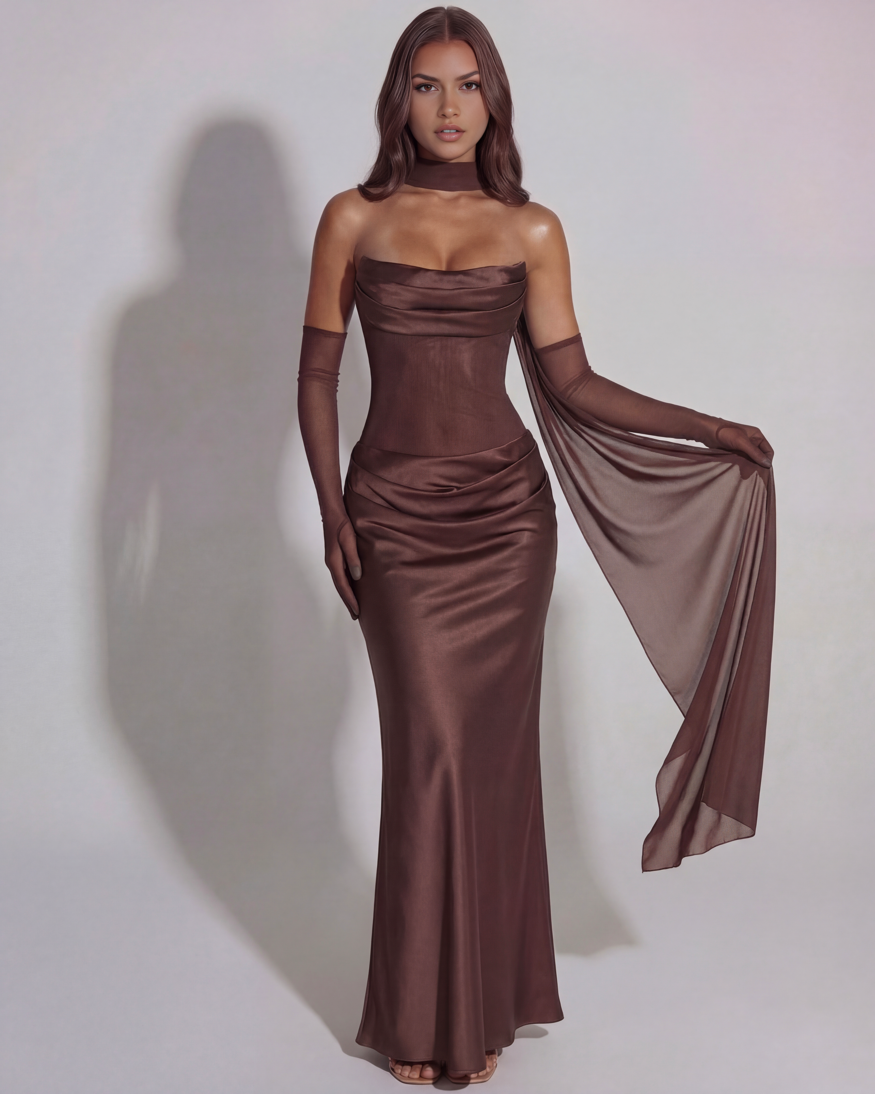 Brown Strapless Lace-Up Asymmetric Maxi Gown – Black Tie Wedding Guest Dress