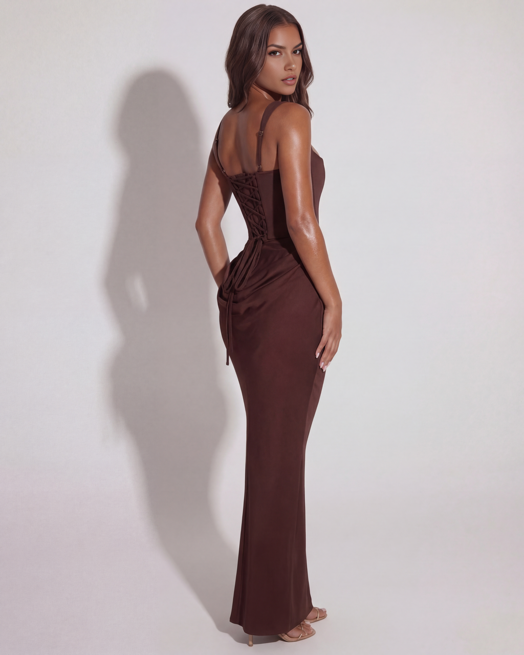 Deep Brown Satin Lace-Up Back Maxi Gown – Black Tie Wedding Guest Dress