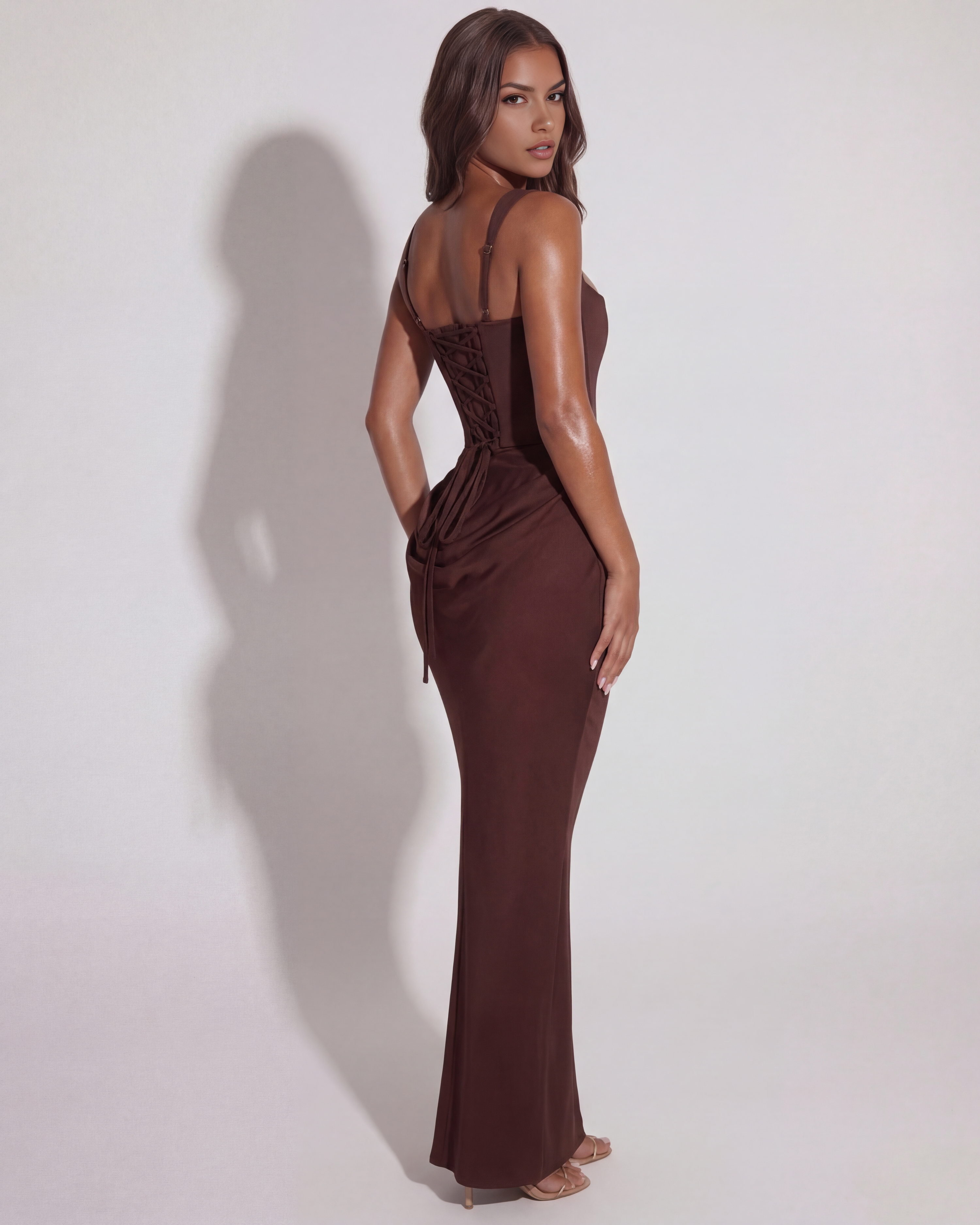 Deep Brown Satin Lace-Up Back Maxi Gown – Black Tie Wedding Guest Dress