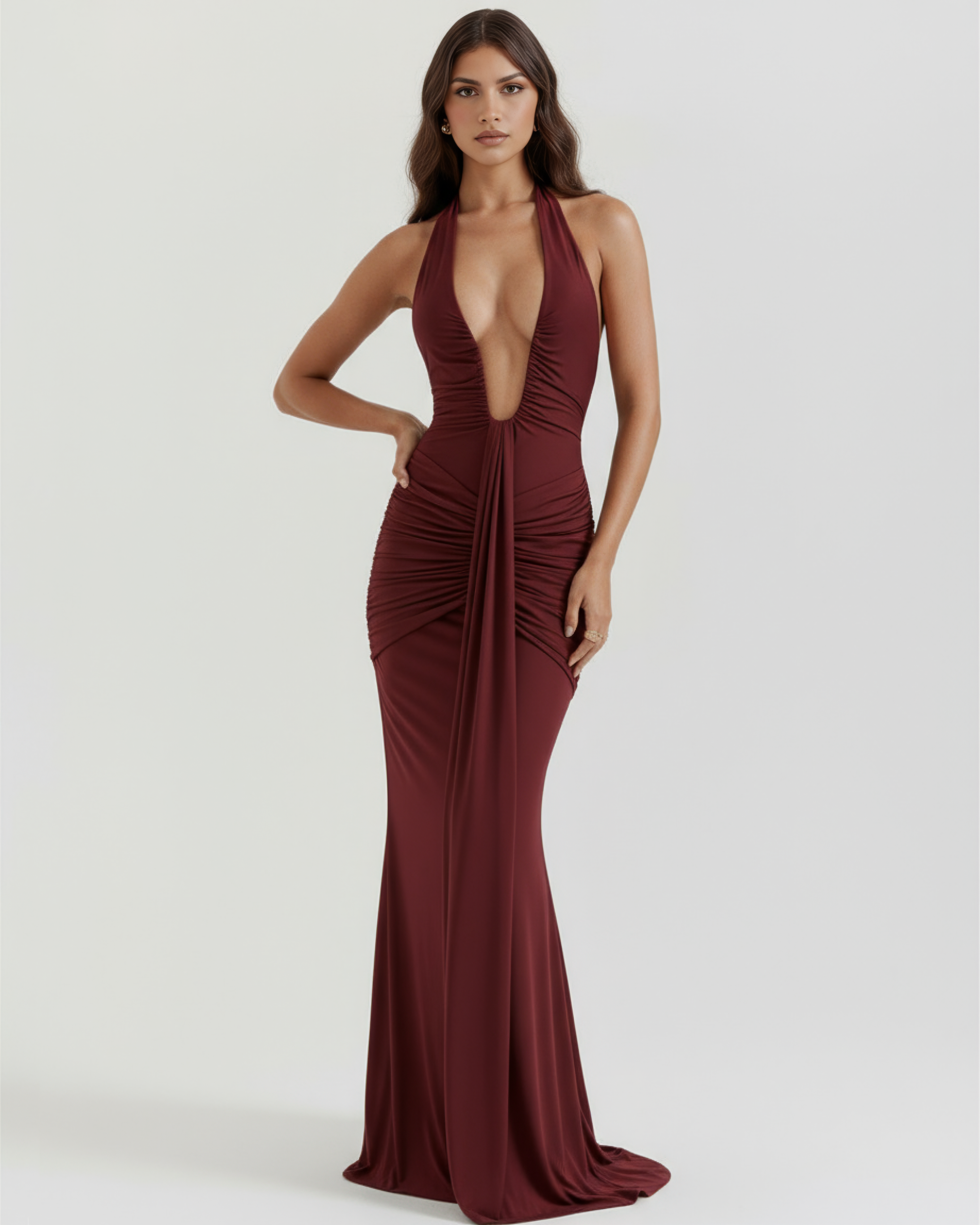 Plunge Halter Ruched Maxi Dress with Train – U-Wire Neckline Formal Evening Gown
