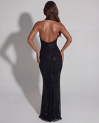 Black Rhinestone Halter Plunge Maxi Dress – Hotfix Embellished Mesh Evening Gown 2026