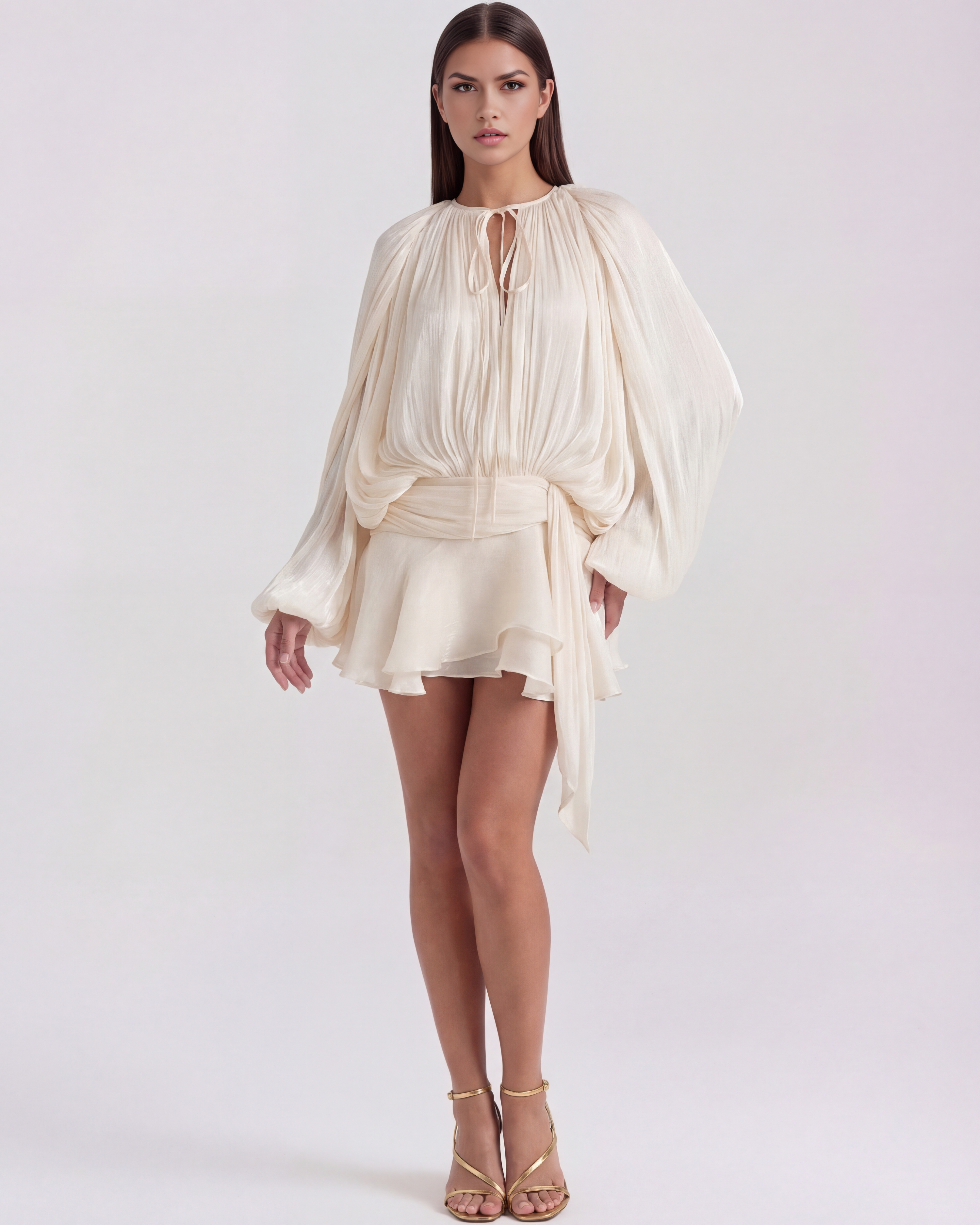 Pearl Glitter Pleated Long Sleeve Mini Dress – Elegant Wedding Guest Cocktail Outfit