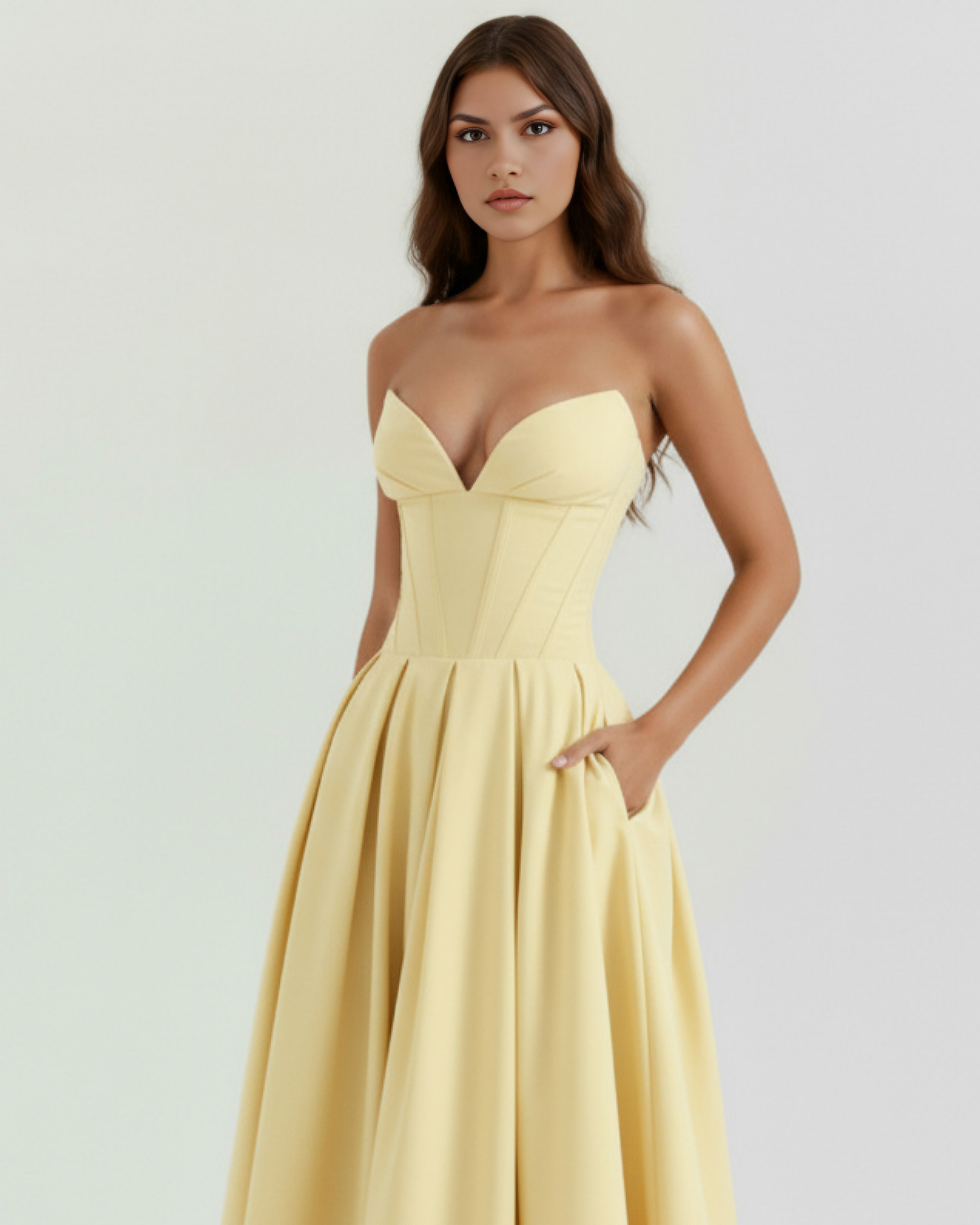 Light Yellow Corseted Ball Gown with Voluminous Skirt – Wedding Guest Prom Formal Dress