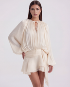 Pearl Glitter Pleated Long Sleeve Mini Dress – Elegant Wedding Guest Cocktail Outfit