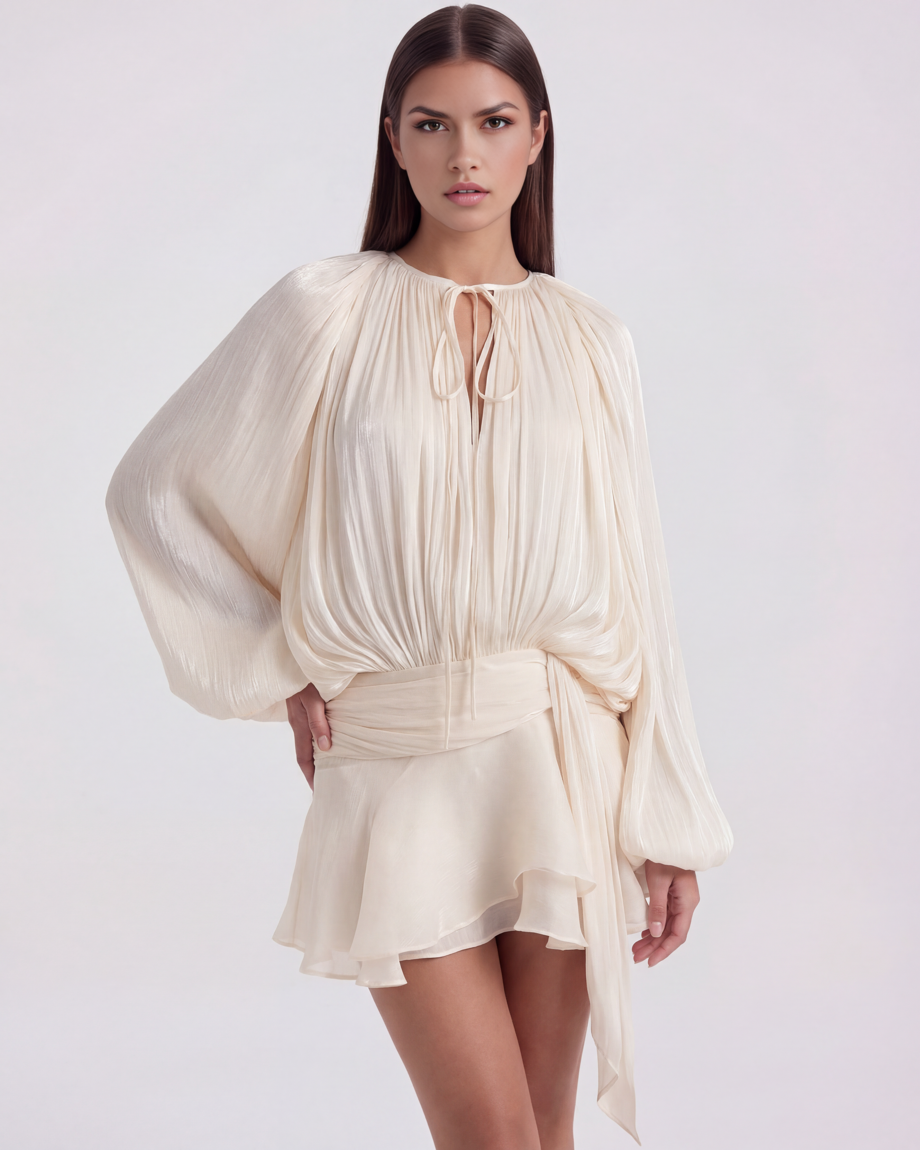 Pearl Glitter Pleated Long Sleeve Mini Dress – Elegant Wedding Guest Cocktail Outfit