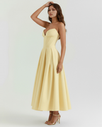 Light Yellow Corseted Ball Gown with Voluminous Skirt – Wedding Guest Prom Formal Dress