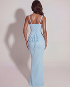 Baby Blue Satin Maxi Dress – Structured Bodice Lace-Up Back Wedding Guest Evening Gown