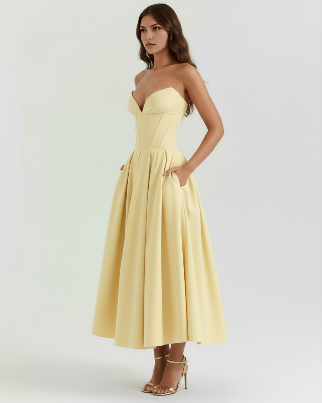 Light Yellow Corseted Ball Gown with Voluminous Skirt – Wedding Guest Prom Formal Dress