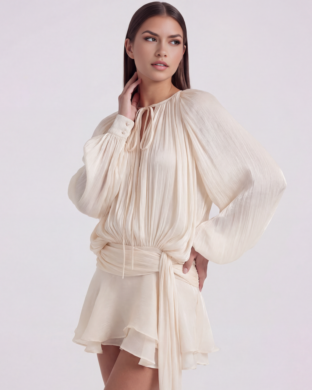 Pearl Glitter Pleated Long Sleeve Mini Dress – Elegant Wedding Guest Cocktail Outfit