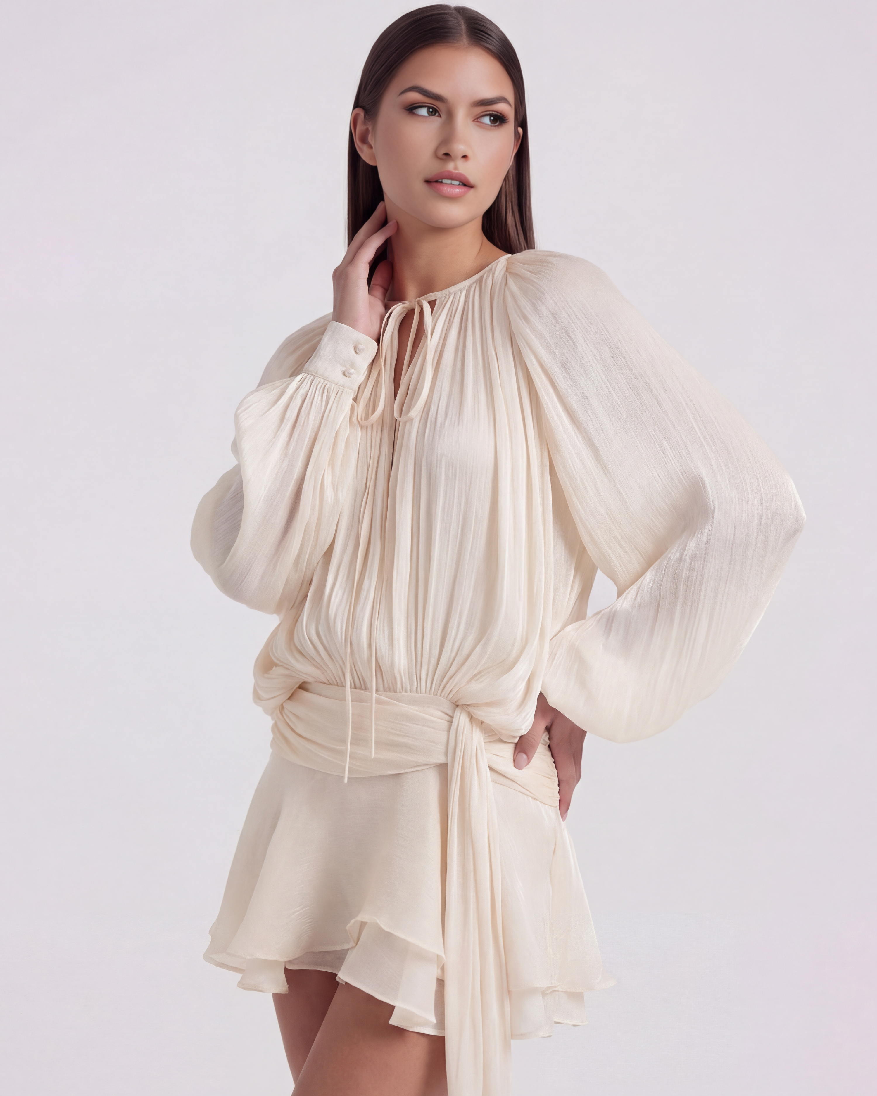 Pearl Glitter Pleated Long Sleeve Mini Dress – Elegant Wedding Guest Cocktail Outfit