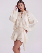 Pearl Glitter Pleated Long Sleeve Mini Dress – Elegant Wedding Guest Cocktail Outfit