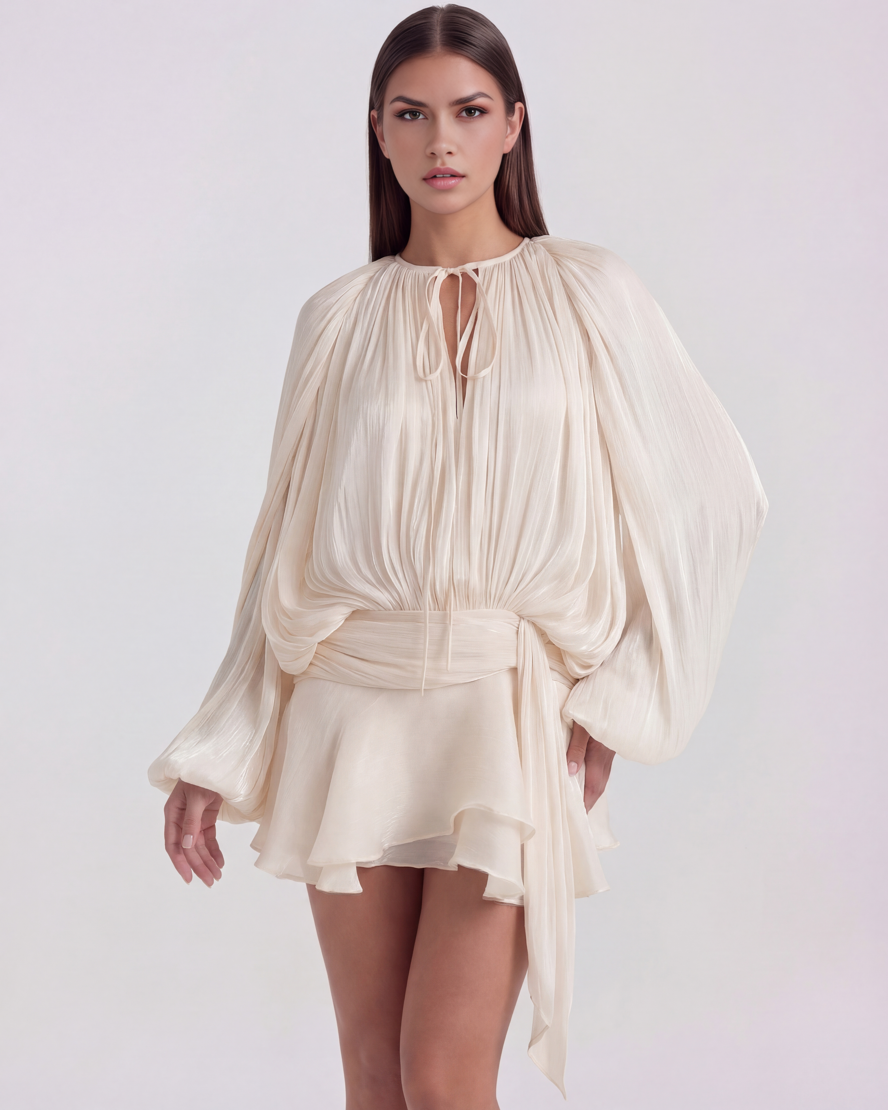 Pearl Glitter Pleated Long Sleeve Mini Dress – Elegant Wedding Guest Cocktail Outfit