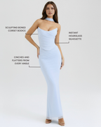 Babyblauwe Mesh Corset Maxi Rok & Sjaal Driedelige Set – Elegante Bruiloftsgasten Outfit