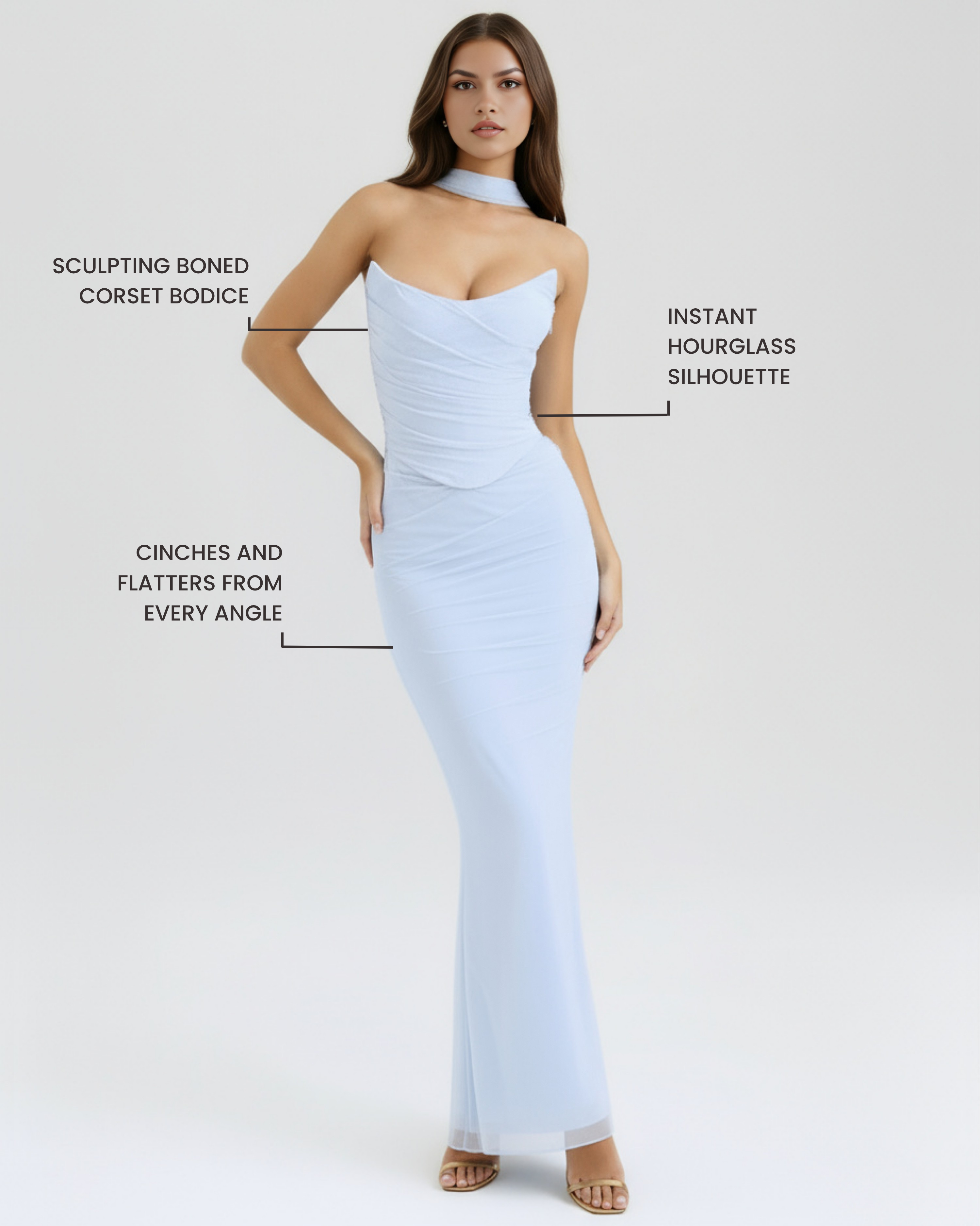 Babyblauwe Mesh Corset Maxi Rok & Sjaal Driedelige Set – Elegante Bruiloftsgasten Outfit