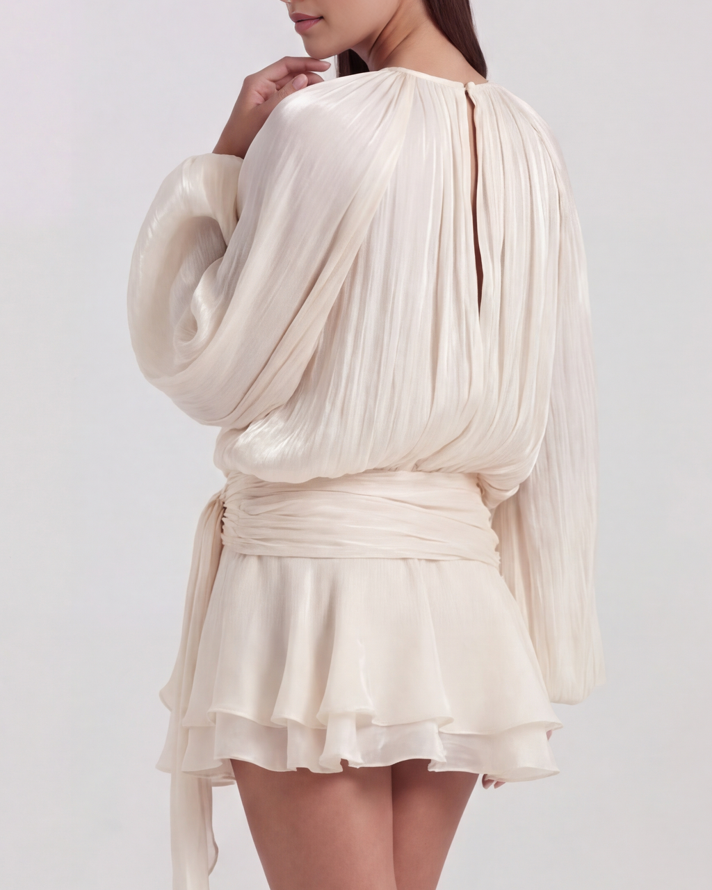 Pearl Glitter Pleated Long Sleeve Mini Dress – Elegant Wedding Guest Cocktail Outfit