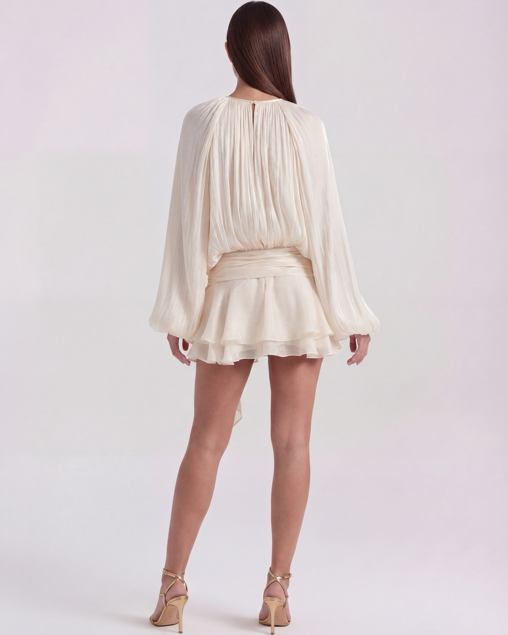 Pearl Glitter Pleated Long Sleeve Mini Dress – Elegant Wedding Guest Cocktail Outfit