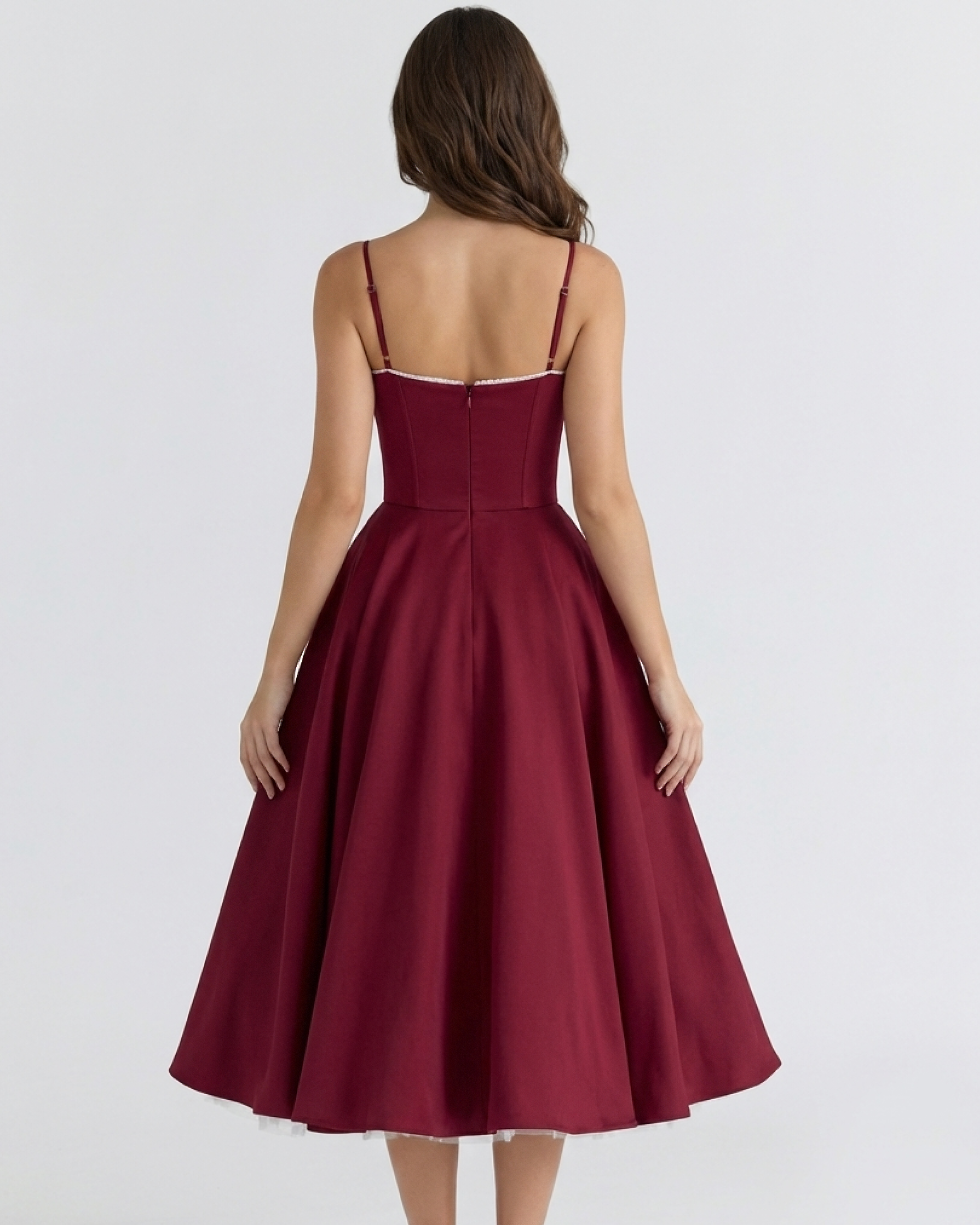 Satin-Feel Sweetheart Midi Dress – Boned Bodice Tulle Skirt Wedding Guest Prom Dress