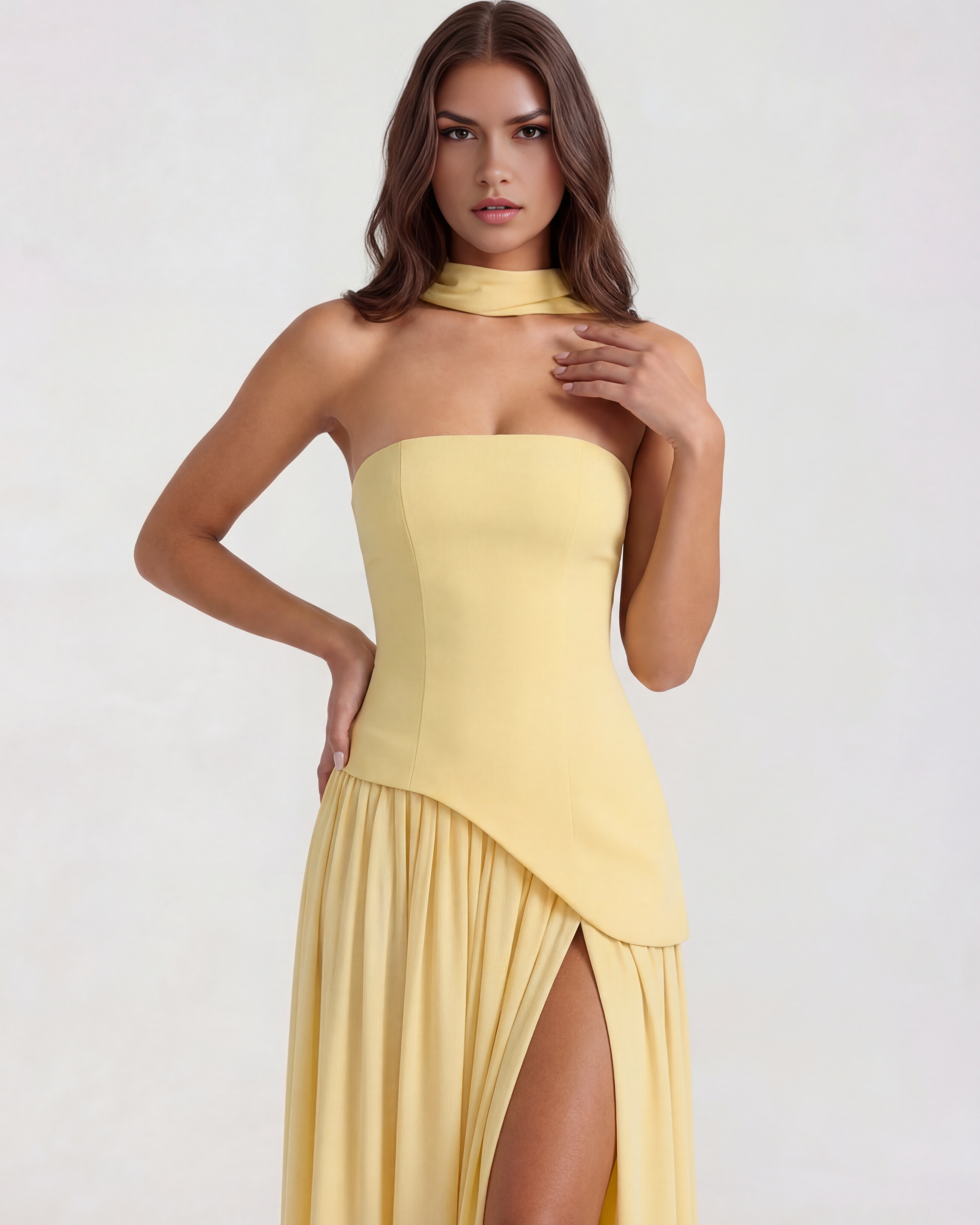 Buttergelbes trägerloses Chiffon-Maxikleid mit Schal – Festliches Frühlings-Hochzeitsgastkleid