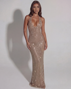 Gold Rhinestone Halter Plunge Maxi Dress – Hotfix Embellished Mesh Evening Gown 2026