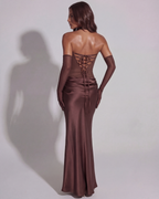 Brown Strapless Lace-Up Asymmetric Maxi Gown – Black Tie Wedding Guest Dress