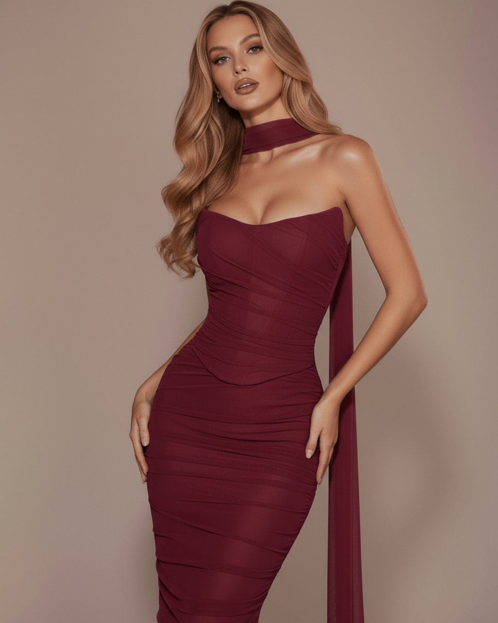 Burgundy Mesh Corset Maxi Set – 3-Piece Corset Skirt & Scarf Evening Occasion Outfit