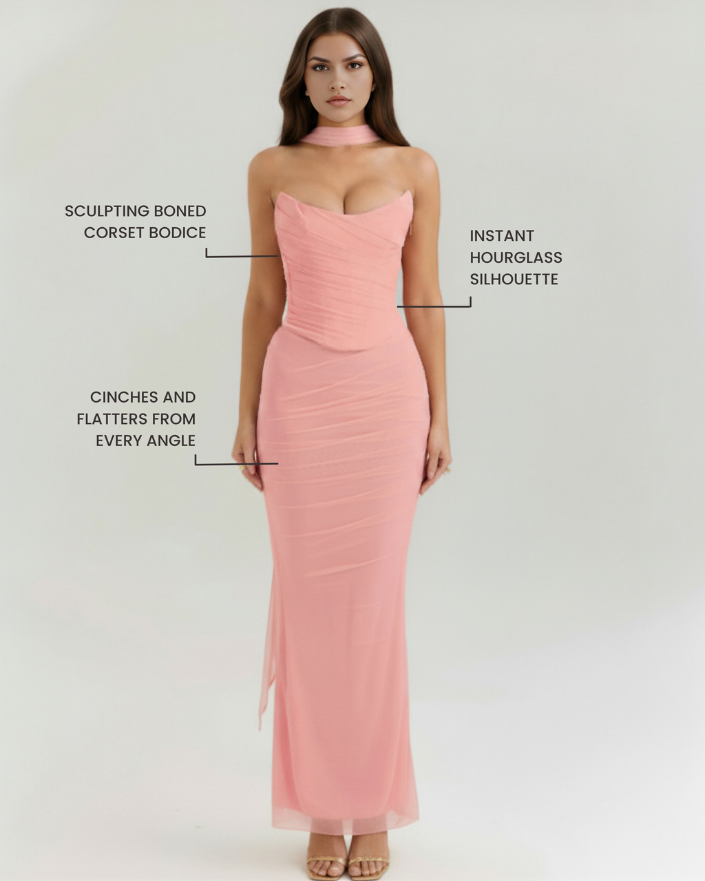 Pink Mesh Corset Maxi Skirt & Scarf Three-Piece Set – Elegant Wedding Guest Outfit