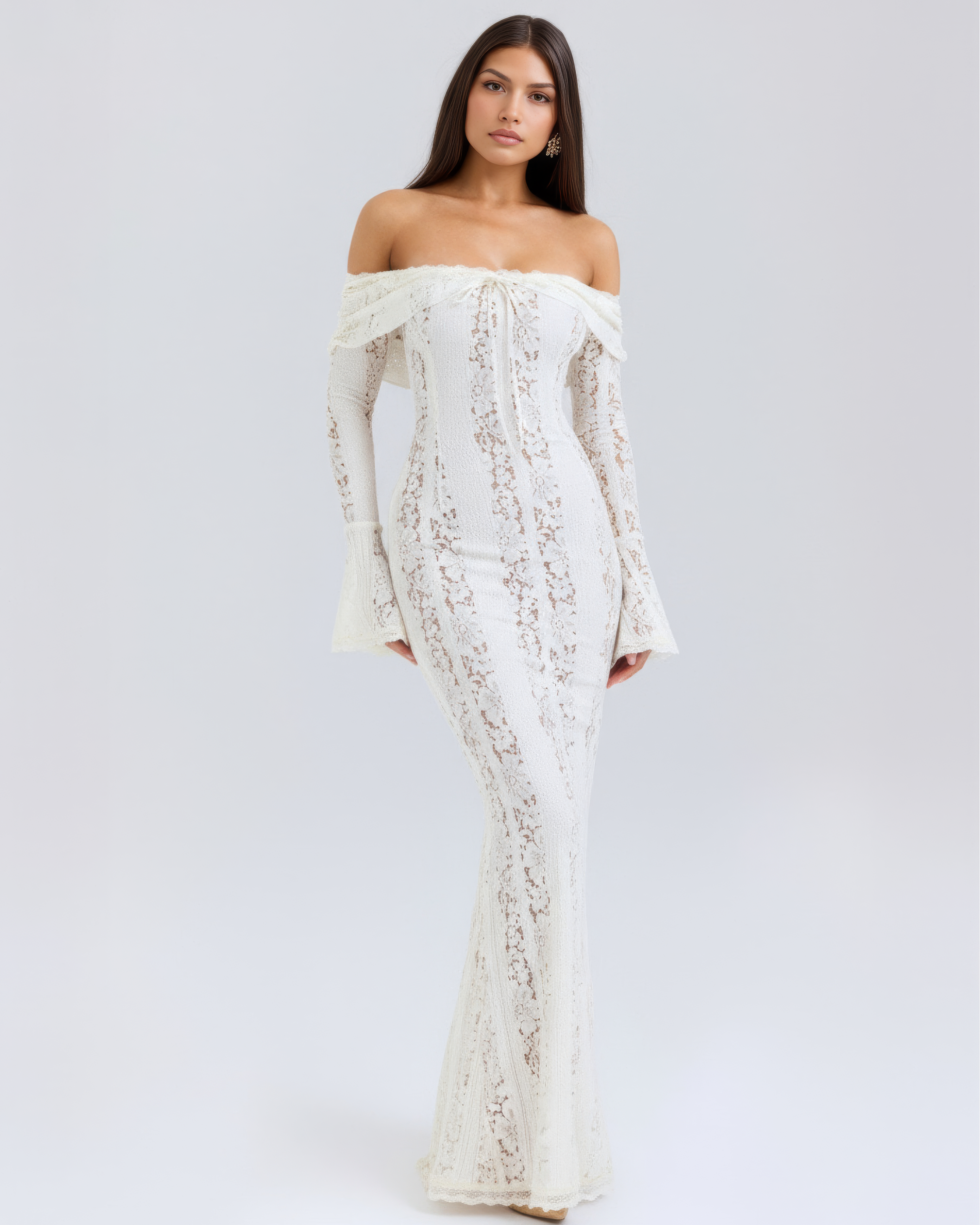 Cream Floral Lace Off-Shoulder Godet Maxi Dress – Dramatic Wedding Guest Evening Gown