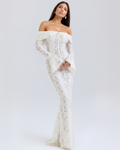 Cream Floral Lace Off-Shoulder Godet Maxi Dress – Dramatic Wedding Guest Evening Gown