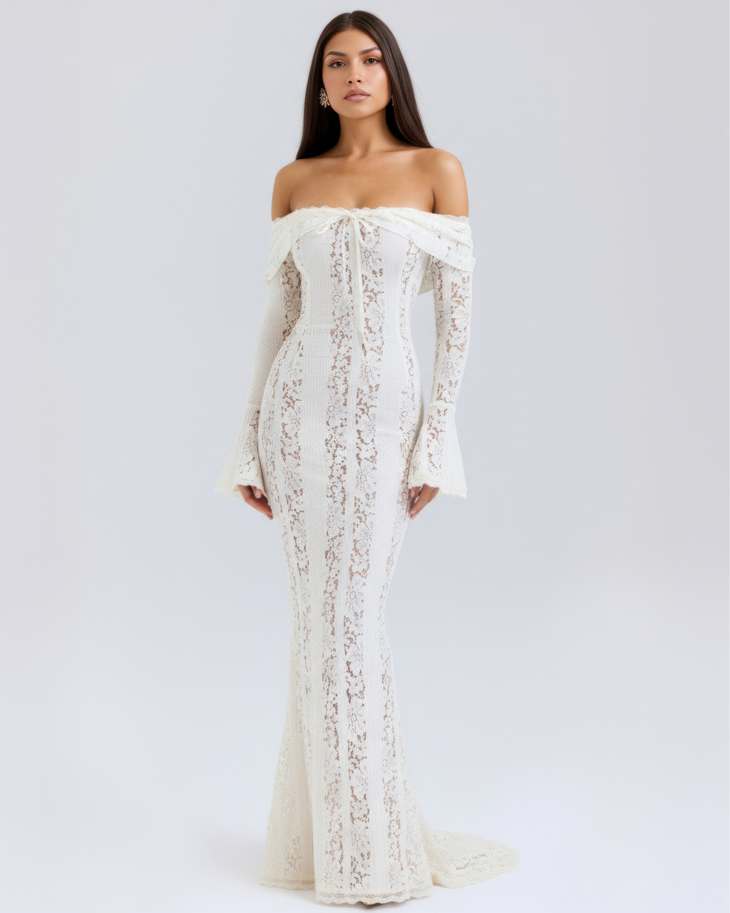 Cream Floral Lace Off-Shoulder Godet Maxi Dress – Dramatic Wedding Guest Evening Gown