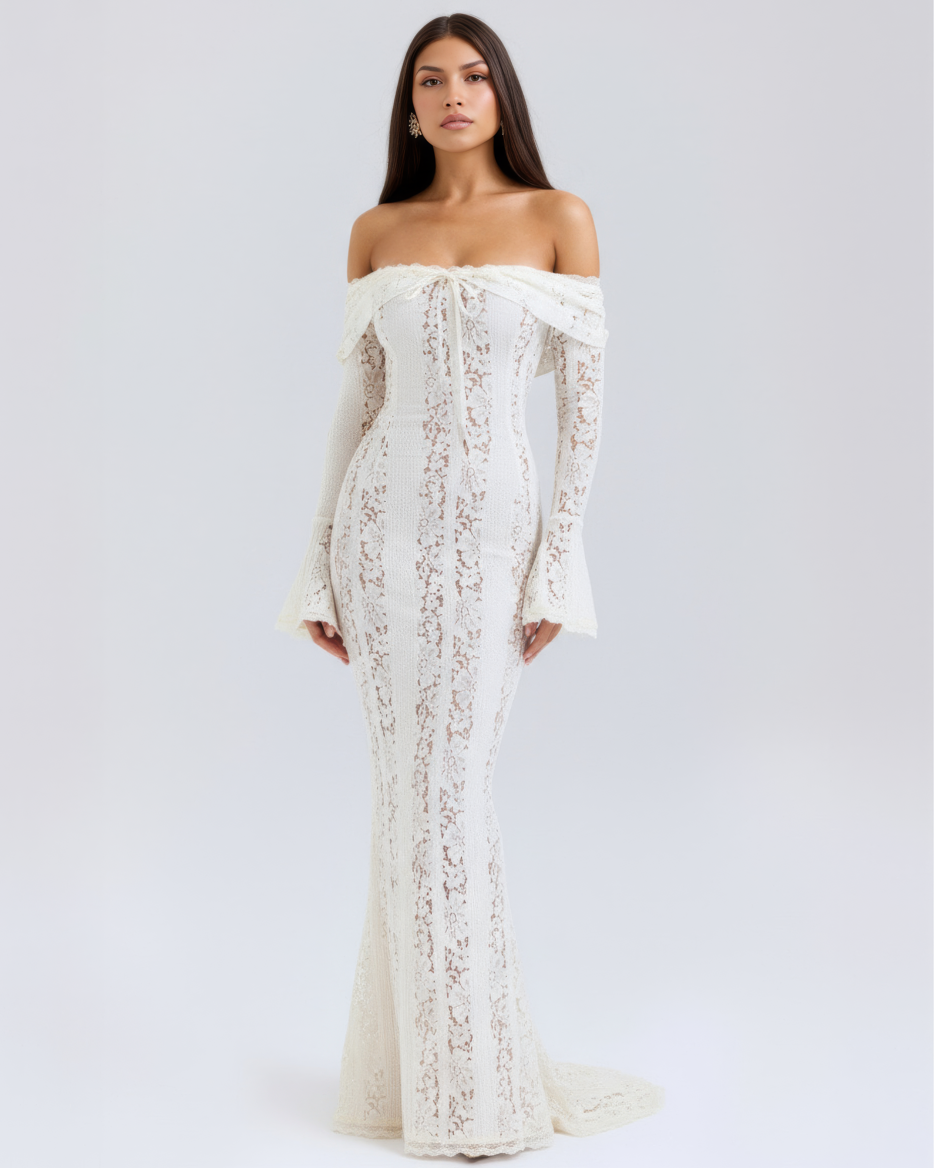 Cream Floral Lace Off-Shoulder Godet Maxi Dress – Dramatic Wedding Guest Evening Gown