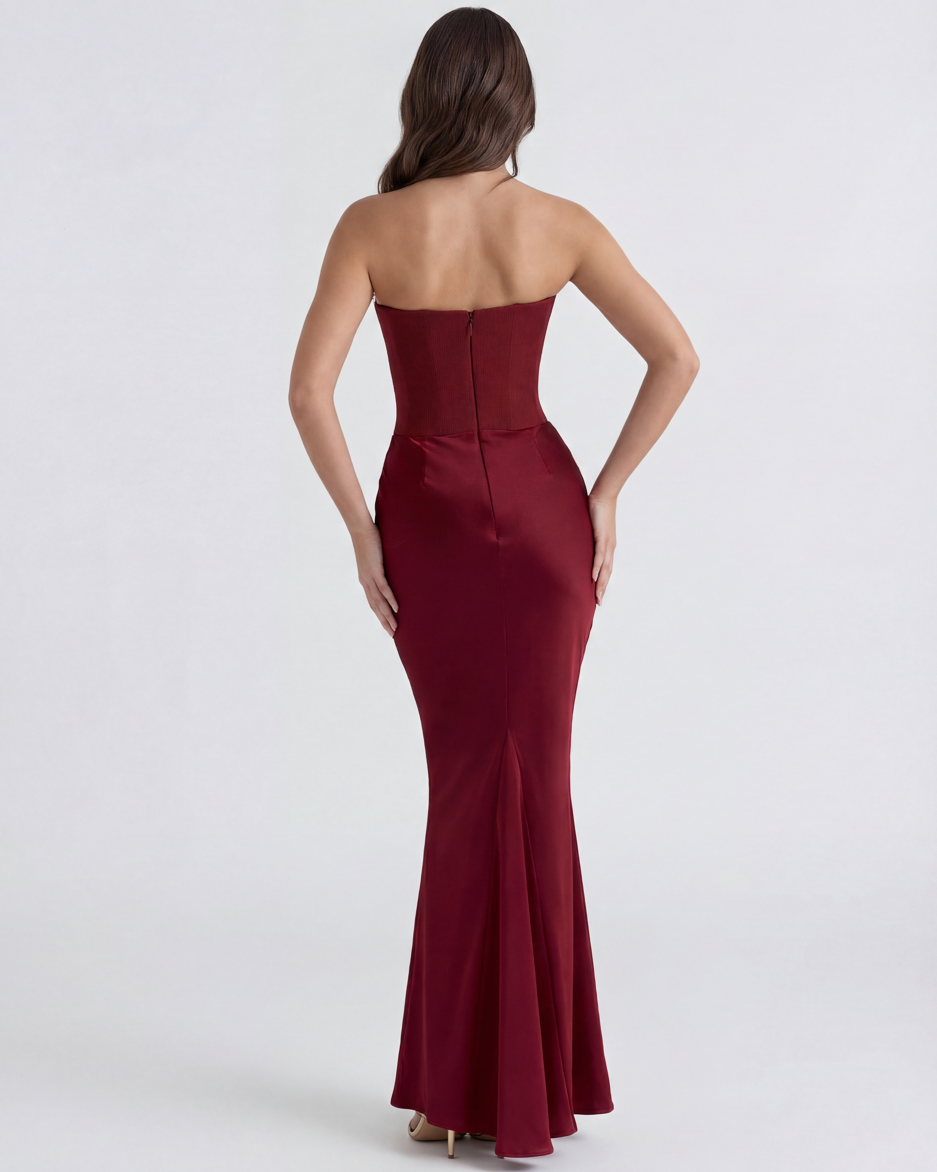 Boned Corset Crepe Maxi Dress – Cinched Waist Wedding Guest Formal Evening Gown