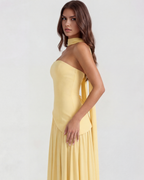 Buttergelbes trägerloses Chiffon-Maxikleid mit Schal – Festliches Frühlings-Hochzeitsgastkleid
