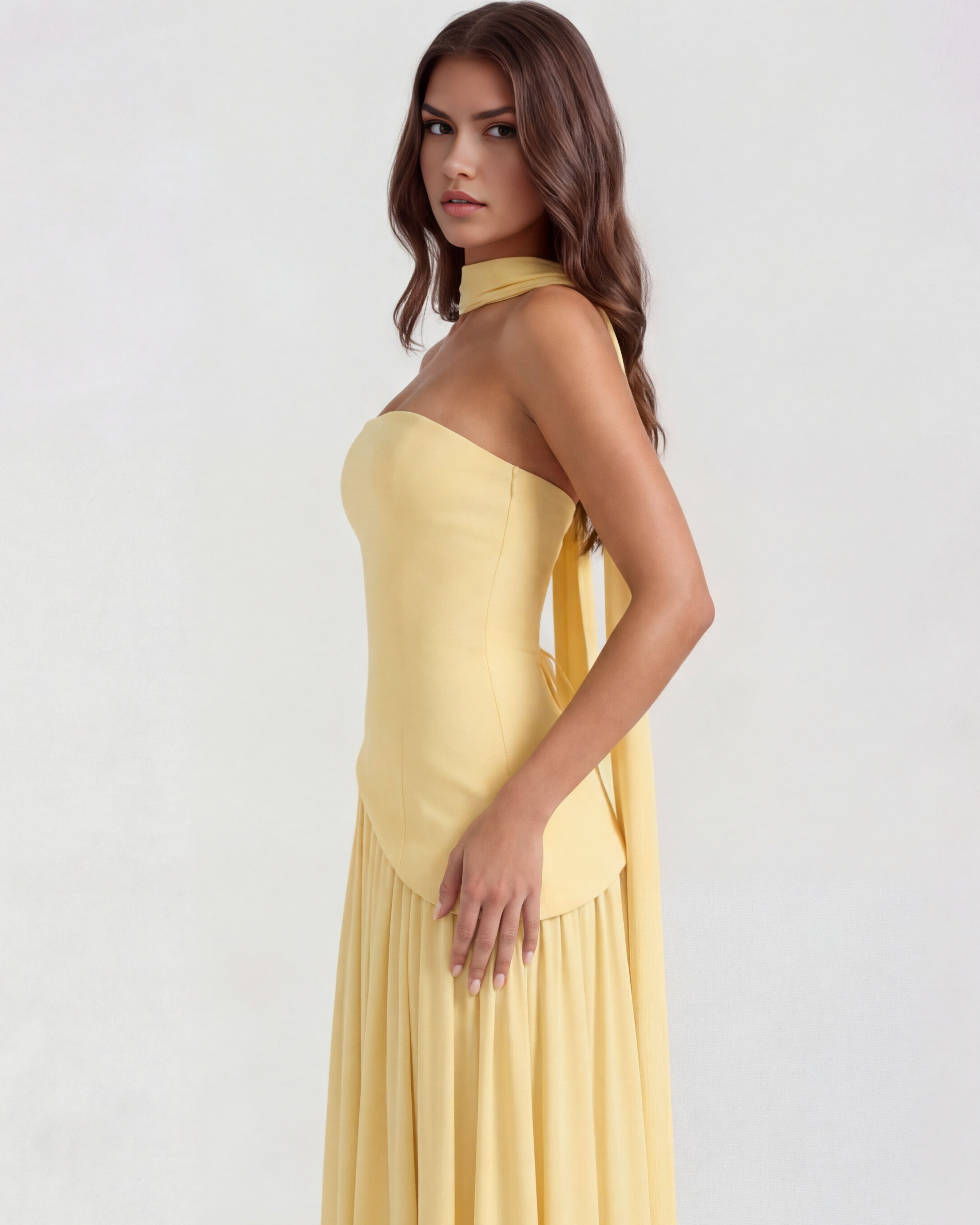 Buttergelbes trägerloses Chiffon-Maxikleid mit Schal – Festliches Frühlings-Hochzeitsgastkleid