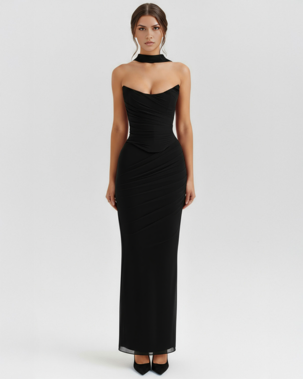 Mesh Corset Maxi Skirt & Scarf Three-Piece Set – Elegant Wedding Guest Outfit