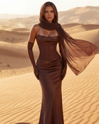 Brown Strapless Lace-Up Asymmetric Maxi Gown – Black Tie Wedding Guest Dress