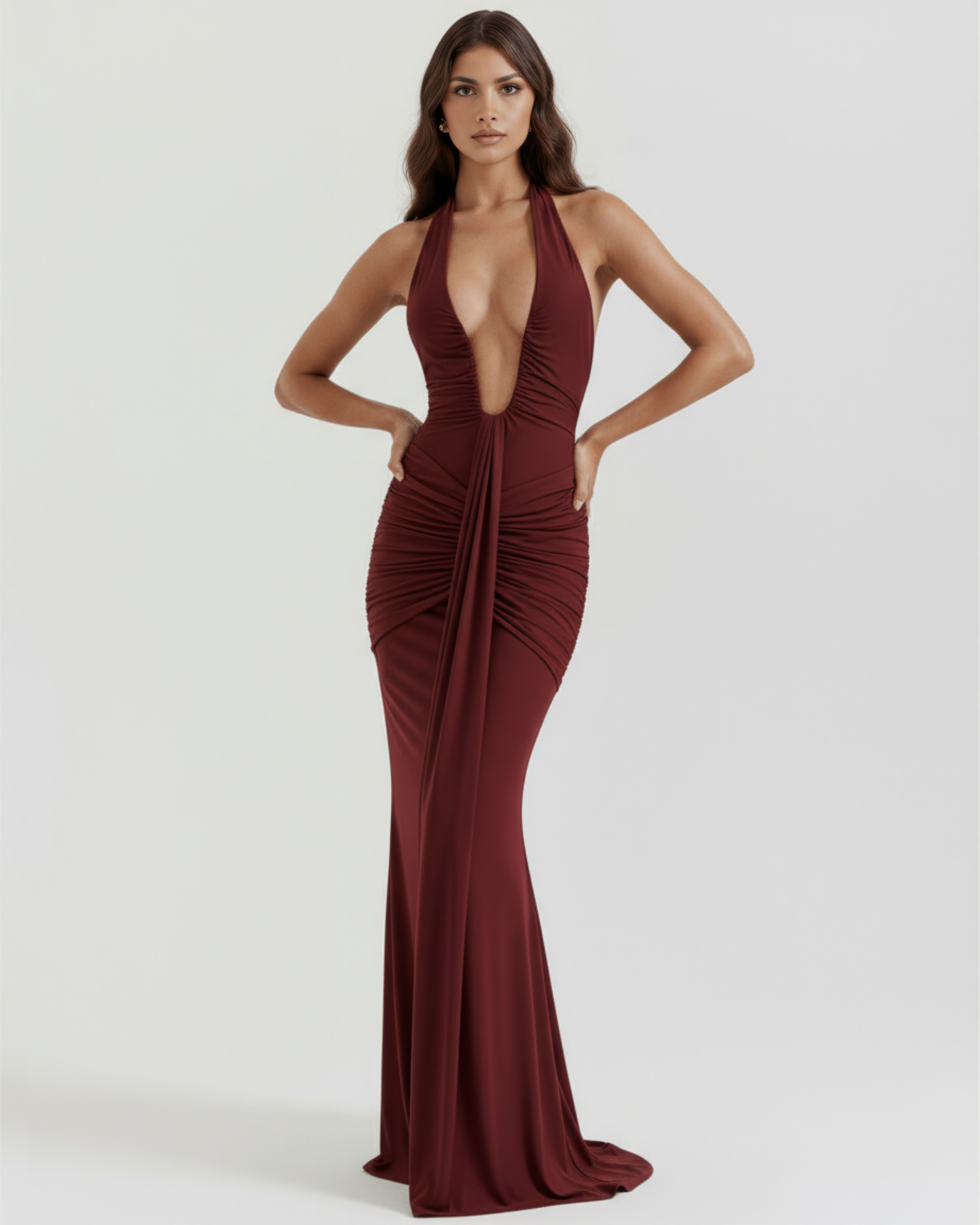 Plunge Halter Ruched Maxi Dress with Train – U-Wire Neckline Formal Evening Gown