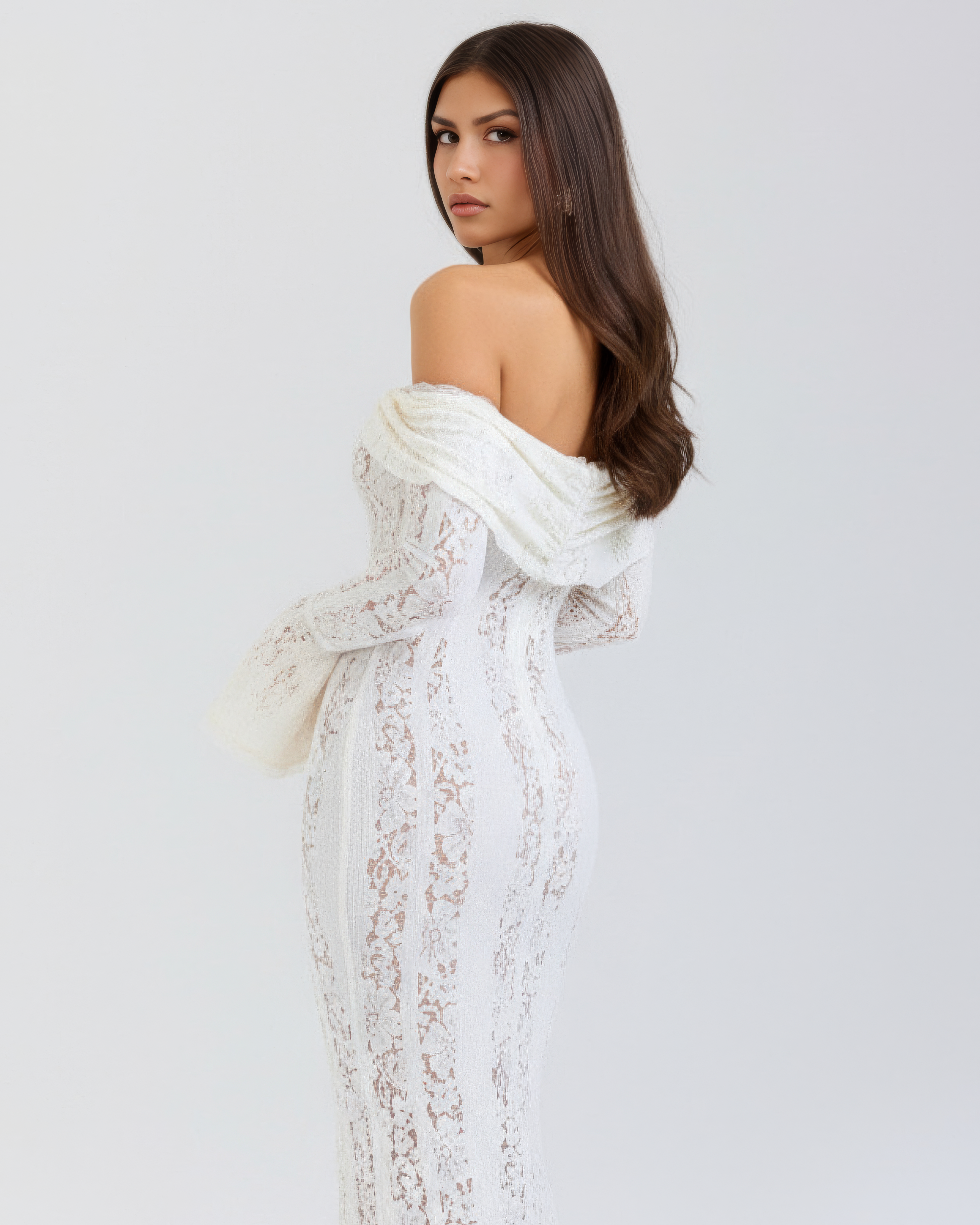 Cream Floral Lace Off-Shoulder Godet Maxi Dress – Dramatic Wedding Guest Evening Gown