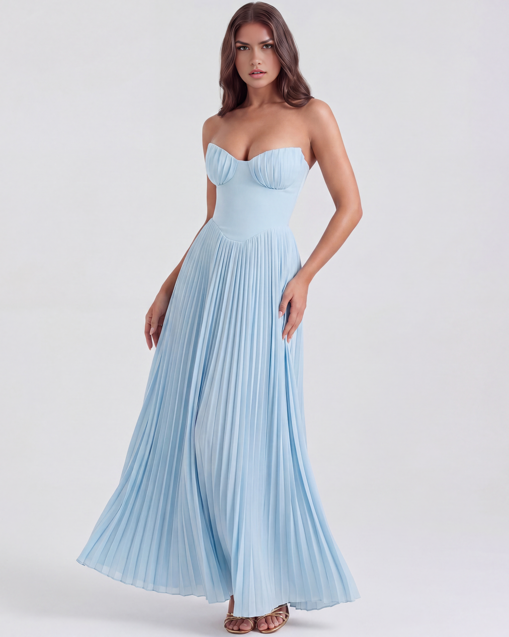 Babyblauw georgette geplooid galajurk met baleinen – Dromerige formele jurk voor bruiloftsgasten