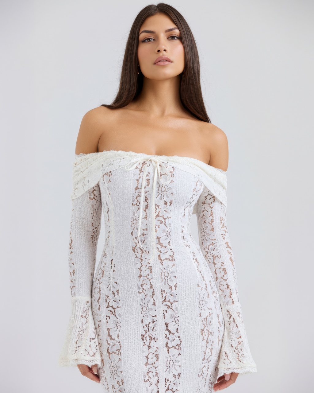 Cream Floral Lace Off-Shoulder Godet Maxi Dress – Dramatic Wedding Guest Evening Gown